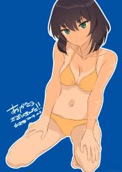 Rule 34 | 1girl, akagi (fmttps), artist name, bikini, blue background, body writing, breasts, brown hair, cleavage, closed mouth, collarbone, commentary request, dark-skinned female, dark skin, dated, english text, full body, girls und panzer, green eyes, hands on own thighs, head tilt, highres, hoshino (girls und panzer), kneeling, leaning to the side, light frown, lips, looking at viewer, medium breasts, navel, one-piece tan, short hair, signature, simple background, solo, swimsuit, tan, tanline, translated, yellow bikini