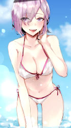 Rule 34 | 1girl, bare arms, bare shoulders, bikini, breasts, cleavage, collarbone, commentary request, day, eyes visible through hair, fate/grand order, fate (series), front-tie bikini top, front-tie top, hair over one eye, highres, ka1se1, large breasts, light purple hair, looking at viewer, mash kyrielight, navel, official alternate costume, outdoors, purple eyes, purple hair, short hair, side-tie bikini bottom, solo, swimsuit, teeth, upper teeth only, white bikini