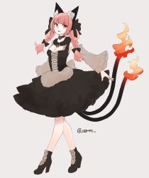 Rule 34 | 1girl, :d, alternate costume, animal ears, apron, armpits, bell, black footwear, black ribbon, blunt bangs, boots, braid, breasts, cat ears, cat tail, choker, cleavage, commentary, cross-laced footwear, detached sleeves, dirndl, egret, fiery tail, flame-tipped tail, full body, german clothes, hair ribbon, high heel boots, high heels, highres, kaenbyou rin, looking at viewer, multiple tails, neck bell, one-hour drawing challenge, open mouth, pink background, pink hair, red eyes, ribbon, smile, solo, tail, touhou, twin braids, twitter username, two tails, waist apron, walking, wide sleeves