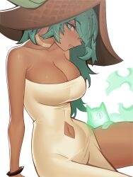 Rule 34 | 1girl, :d, absurdres, aqua eyes, aqua hair, bare arms, bare shoulders, breasts, character request, choker, cleavage, clothing cutout, commentary, copyright request, dark skin, distr, dress, hat, highres, large breasts, long hair, looking at viewer, navel, navel cutout, open mouth, sitting, smile, solo, strapless, strapless dress, thighs, white dress
