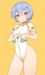 Rule 34 | 1girl, :o, adapted costume, armpits, ayanami rei, blue hair, blush, bodysuit, breast hold, breasts, clenched hands, covered erect nipples, cowboy shot, from side, groin, hair between eyes, headgear, highleg, highleg leotard, highres, impossible clothes, impossible leotard, interface headset, legs apart, leotard, looking at viewer, neon genesis evangelion, open mouth, orange background, pale skin, parted bangs, pilot suit, plugsuit, raised eyebrows, red eyes, ruiten, short hair, simple background, small breasts, solo, standing, test plugsuit, thighs, turtleneck, yellow background