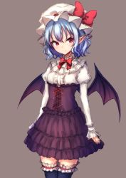 Rule 34 | &gt;:), 1girl, alternate costume, arms at sides, bat wings, black thighhighs, black wings, blue hair, blush, bow, bowtie, bridal garter, center frills, closed mouth, corset, cowboy shot, frills, hat, hat bow, highres, juliet sleeves, junior27016, layered skirt, legs together, long sleeves, looking at viewer, mob cap, puffy sleeves, purple skirt, red bow, red bowtie, red eyes, remilia scarlet, shirt, short hair, simple background, skirt, solo, standing, thighhighs, touhou, tsurime, v-shaped eyebrows, white hat, white shirt, wings, zettai ryouiki