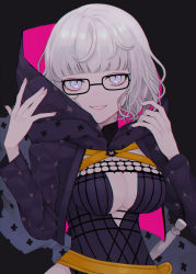 Rule 34 | 1girl, belt, black dress, black jacket, blue eyes, breasts, cleavage, cropped jacket, dress, fate/grand order, fate (series), glasses, grey hair, grin, highres, hood, hooded jacket, jacket, jacques de molay (foreigner) (fate), large breasts, long sleeves, looking at viewer, open clothes, open jacket, short hair, smile, solo, sumi (gfgf 045)