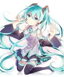 Rule 34 | 1girl, black skirt, blue eyes, blue hair, blue necktie, detached sleeves, floating hair, full body, grey shirt, hands up, happy, hatsune miku, kneeling, knees together feet apart, long hair, looking at viewer, necktie, outstretched arms, pink background, reflection, shirt, simple background, skirt, sleeveless, sleeveless shirt, smile, solo, star (symbol), striped, striped background, thighhighs, two-tone background, very long hair, vocaloid, white background, yoishi (fuchi39)