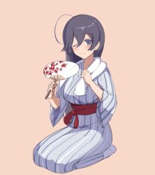 Rule 34 | 10s, 1girl, ;), akamoku, bad id, bad pixiv id, blue kimono, blush, breasts, brown background, closed mouth, commentary request, girls und panzer, hair between eyes, hand fan, holding, holding fan, isuzu hana, japanese clothes, kimono, long sleeves, medium breasts, no shoes, obi, one eye closed, paper fan, purple eyes, purple hair, sash, seiza, simple background, sitting, smile, socks, solo, striped clothes, striped kimono, uchiwa, vertical-striped clothes, vertical-striped kimono, white socks, wide sleeves, yukata