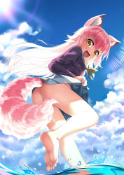 Rule 34 | 1girl, animal ear fluff, animal ears, ass, barefoot, blue skirt, blue sky, cloud, day, fang, feet, gorudazo, highres, long hair, long sleeves, looking at viewer, miniskirt, multicolored hair, murenase! shiiton gakuen, neckerchief, no panties, okami ranka, open mouth, outdoors, pink hair, pleated skirt, school uniform, serafuku, shiiton gakuen school uniform, skirt, sky, smile, soles, solo, sparkle, splashing, sun, tail, two-tone hair, wading, water, white hair, wolf ears, wolf girl, wolf tail, yellow eyes