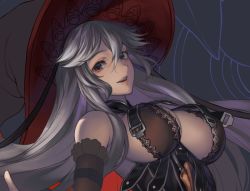 Rule 34 | 10s, 1girl, bare shoulders, breasts, brown eyes, cleavage, female focus, granblue fantasy, hat, large breasts, long hair, looking at viewer, magisa (granblue fantasy), silver hair, simosi, smile, solo, upper body, witch hat, unfinished