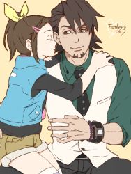 Rule 34 | 10s, age difference, bow, braid, braided bangs, brown eyes, brown hair, closed eyes, facial hair, father and daughter, hair bow, hair ornament, hairclip, jewelry, kaburagi kaede, kaburagi t. kotetsu, necktie, aged up, ponytail, ring, shorts, smile, stubble, tegaki, tiger &amp; bunny, vest, watch, wristwatch, aged down