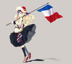 Rule 34 | 10s, 1girl, belt, beret, black skirt, black socks, blonde hair, blue eyes, blue hair, buttons, commandant teste (kancolle), double-breasted, flag, france, french flag, hat, kantai collection, loafers, long hair, multicolored hair, pleated skirt, pom pom (clothes), red hair, scarf, shadow, shoes, skirt, smile, socks, solo, streaked hair, swept bangs, unajuu, unajuu (set mk), wavy hair, white hair