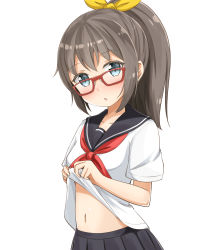 Rule 34 | 1girl, :o, aikawa ryou, black sailor collar, black skirt, blue eyes, blush, brown hair, clothes lift, commentary request, glasses, hair between eyes, hair ribbon, head tilt, high ponytail, highres, lifted by self, long hair, navel, neckerchief, original, parted lips, pleated skirt, ponytail, red-framed eyewear, red neckerchief, ribbon, sailor collar, school uniform, serafuku, shirt, shirt lift, short sleeves, simple background, skirt, solo, stomach, white background, white shirt, yellow ribbon