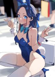 Rule 34 | 1girl, 92m, animal ears, blue archive, blue bow, blue bowtie, blue eyes, blue footwear, blue hair, blue nails, blurry, blurry background, bow, bowtie, braid, breasts, cleavage, cosplay, dateko (92m), detached collar, double v, fake animal ears, fake tail, fingernails, headset, highres, kneeling, leotard, looking at viewer, medium breasts, nail polish, original, playboy bunny, rabbit ears, rabbit tail, shoes, solo focus, tail, thighhighs, toki (blue archive), toki (bunny) (blue archive), v, white thighhighs