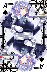 Rule 34 | 1girl, ace (playing card), ace of spades, apron, blue eyes, border, bow, braid, breasts, card, card (medium), cup, female focus, frown, gloves, hair bow, highres, izayoi sakuya, knife, large breasts, long sleeves, looking at viewer, maid headdress, playing card, pocket watch, ribbon, roman numeral, rotational symmetry, short hair, silver hair, solo, spade (shape), teacup, touhou, tray, twin braids, waist apron, watch, white background, wrist cuffs, yoiti