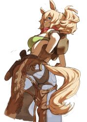 Rule 34 | 1girl, absurdres, animal ears, armband, ass, bandana, bandeau, blonde hair, blue eyes, breasts, brown gloves, brown hat, closed mouth, cowboy hat, cropped legs, denim, from behind, from below, gloves, gun, handgun, hat, hat on back, highres, holster, horse ears, horse girl, horse tail, jeans, looking at viewer, looking down, oono tsutomu, pants, ponytail, short hair, simple background, small breasts, smile, solo, taiki shuttle (umamusume), tail, umamusume, weapon, white background