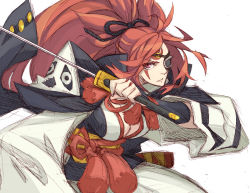 Rule 34 | 1girl, bad id, bad pixiv id, baiken, breasts, cleavage, eyepatch, facial tattoo, guilty gear, guilty gear xrd, holding, holding sword, holding weapon, katana, nayutarou (nyt kag), pink eyes, ponytail, red hair, solo, sword, tattoo, weapon