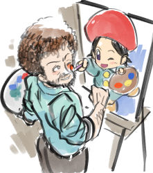 Rule 34 | 1boy, 1girl, adeleine, afro, beard, belt, beret, black belt, black hair, blush, blush stickers, bob ross, brown hair, cowboy shot, drawfag, easel, facial hair, from below, hat, highres, kirby (series), mustache, nintendo, one eye closed, paintbrush, painting (action), palette (object), red headwear, smile, standing, the joy of painting, trait connection, wink