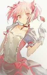 Rule 34 | 1girl, blush, bubble skirt, choker, collarbone, elbow gloves, gloves, hair between eyes, hair ornament, hair ribbon, hand up, highres, index finger raised, irohatomo, kaname madoka, looking at viewer, magical girl, mahou shoujo madoka magica, mahou shoujo madoka magica (anime), pink eyes, pink hair, puffy short sleeves, puffy sleeves, ribbon, short hair, short sleeves, simple background, skirt, smile, solo, soul gem, twintails, white background, white gloves