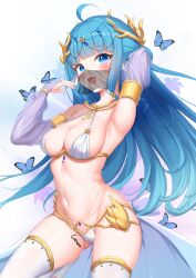 Rule 34 | 1girl, :d, absurdres, ahoge, arm up, blue eyes, blue hair, breasts, bridal gauntlets, bug, butterfly, circlet, dancer, detached sleeves, fang, highres, indie virtual youtuber, insect, long hair, looking at viewer, medium breasts, merak (vtuber), mouth veil, navel, open mouth, see-through, see-through sleeves, skin fang, smile, solo, thighhighs, treble clef, veil, virtual youtuber, waist cape, white clover (unfy8472)
