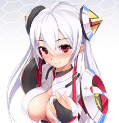 Rule 34 | 1girl, breasts, bridal gauntlets, cleavage, eto, face, hex grid, honeycomb pattern, large breasts, long hair, looking at viewer, matoi (pso2), phantasy star, phantasy star online 2, red eyes, smile, solo, twintails, white background, white hair