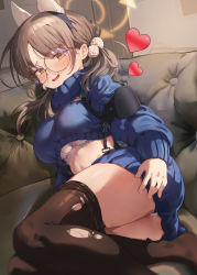 Rule 34 | 1girl, absurdres, animal ears, blue archive, blue skirt, blue sweater, blush, breasts, brown hair, fake animal ears, glasses, hair ornament, halo, heart, highres, large breasts, long hair, long sleeves, looking at viewer, moe (blue archive), panties, panty peek, pantyhose, pom pom (clothes), pom pom hair ornament, round eyewear, shuru y, skirt, solo, sweater, torn clothes, torn pantyhose, twintails, underwear, yellow eyes