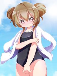 Rule 34 | 1girl, absurdres, aisaka taiga, beenyan 1203, black one-piece swimsuit, blue sky, brown hair, check commentary, commentary request, cowboy shot, day, double bun, hair between eyes, hair bun, highres, jacket, jacket on shoulders, looking at viewer, one-piece swimsuit, red eyes, sky, solo, swimsuit, toradora!