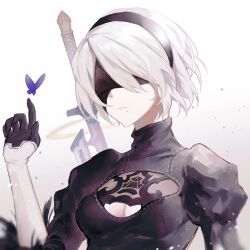 Rule 34 | 1girl, 2b (nier:automata), black blindfold, black dress, black gloves, black hairband, blindfold, breasts, bug, bujianchuan1, butterfly, cleavage cutout, closed mouth, clothing cutout, commentary, dress, facing viewer, gloves, hairband, highres, insect, juliet sleeves, long sleeves, medium breasts, mole, mole under mouth, nier:automata, nier (series), puffy sleeves, purple butterfly, short hair, simple background, solo, sword, upper body, weapon, weapon on back, white background, white hair