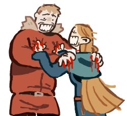 Rule 34 | . ., 1boy, 1girl, bleeding, blonde hair, blood, blue robe, clenched teeth, commentary, dungeon meshi, english commentary, eye contact, hood, hood down, jacket, long hair, long sleeves, looking at another, marcille donato, meme, red jacket, robe, scowl, short hair, shoulder grab, simple background, stick figure violence (meme), teeth, white background, wombrion