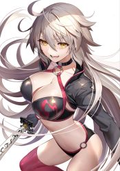 Rule 34 | 1girl, absurdres, ahoge, bikini, black bikini, blonde hair, blue eyes, braid, breasts, choker, cleavage, collarbone, commentary request, cowboy shot, cropped jacket, fate/grand order, fate (series), floating hair, gloves, hair between eyes, hairband, hand on hilt, highres, holding, jacket, jeanne d&#039;arc alter (swimsuit berserker) (fate), jeanne d&#039;arc (fate), jeanne d&#039;arc alter (fate), jeanne d&#039;arc alter (swimsuit berserker) (fate), katana, large breasts, long hair, long sleeves, o-ring, o-ring bikini, open mouth, red thighhighs, shrug (clothing), sidelocks, simple background, single thighhigh, smile, solo, standing, swimsuit, sword, teffish, thighhighs, very long hair, weapon, white background, yellow eyes