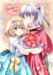 Rule 34 | 2girls, age difference, alice margatroid, alice margatroid (pc-98), bad id, bad pixiv id, blonde hair, blue dress, blue eyes, blush, bouquet, bow, capelet, carnation, closed eyes, dress, female focus, flower, framed, hair bobbles, hair ornament, hairband, long hair, mother&#039;s day, mother and daughter, multiple girls, mystic square, open mouth, red dress, red flower, red rose, rose, sakura romu, shinki (touhou), shirt, short hair, side ponytail, silver hair, smile, touhou, touhou (pc-98)