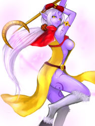 Rule 34 | 1girl, armlet, arms up, breasts, capelet, colored skin, dress, fingerless gloves, gloves, highres, hooves, horns, kumiko shiba, large breasts, league of legends, long hair, monster girl, naked tabard, pelvic curtain, pointy ears, ponytail, purple skin, side slit, sideboob, single horn, solo, soraka (league of legends), staff, tabard, tattoo, very long hair, white hair, yellow dress, yellow eyes