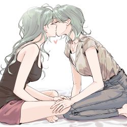 Rule 34 | 2girls, absurdres, bang dream!, breasts, commentary request, denim, closed eyes, green hair, hand on another&#039;s hand, hand on another&#039;s knee, heart, highres, hikawa hina, hikawa sayo, incest, jeans, jewelry, kiss, multiple girls, necklace, pants, ring, siblings, sisters, toes, twincest, twins, yuri, zihacheol