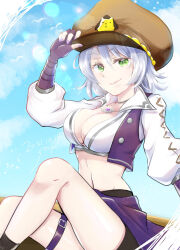 Rule 34 | 1girl, belt, black shorts, blue sky, blurry, bokeh, breasts, brown hat, character request, cleavage, closed mouth, cloud, commentary request, crop top, dated, day, depth of field, feet out of frame, fingerless gloves, fingernails, gem, gloves, green eyes, hair between eyes, hat, highres, jewelry, large breasts, long bangs, looking at viewer, medium hair, midriff, miniskirt, moko (gumaguma m), navel, necklace, open clothes, open vest, outdoors, peaked cap, puffy short sleeves, puffy sleeves, purple belt, purple gemstone, purple gloves, purple nails, purple skirt, purple vest, ragnarok masters, ragnarok online, shirt, short sleeves, shorts, shorts under skirt, simple bird, skirt, sky, smile, solo, thigh belt, thigh strap, vest, white hair, white shirt