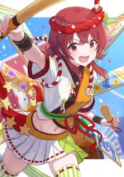 Rule 34 | absurdres, ahoge, arm up, banner, blush, breasts, commentary request, confetti, festival, hachimaki, hair between eyes, happi, headband, highres, idolmaster, idolmaster shiny colors, japanese clothes, komiya kaho, long hair, looking at viewer, medium breasts, midriff, multicolored clothes, navel, nejiri hachimaki, open mouth, osoba susurukun, pleated skirt, red eyes, red hair, red headband, short sleeves, skirt, solo, star (symbol), sweat, taiko sticks, thighhighs, thighs, v-shaped eyebrows, wristband
