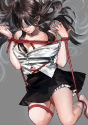 Rule 34 | 1girl, bare shoulders, bdsm, black hair, black skirt, blindfold, bondage, bound, breasts, cleavage, crying, dress shirt, feet out of frame, floating hair, frills, grey background, hair over breasts, highres, kneehighs, lipstick, long hair, makeup, miniskirt, necktie, necktie on head, no bra, no shoes, off shoulder, open mouth, original, red rope, restrained, rope, shibari, shibari under clothes, shirt, shirt partially tucked in, simple background, skirt, socks, solo, striped necktie, tears, teiraman, very long hair, white socks, white shirt