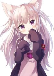 Rule 34 | &gt;:o, absurdres, animal ear fluff, animal ears, armband, cardigan, commentary, fang, heart, highres, jacket, kemonomimi mode, light brown hair, long hair, long sleeves, natori sana, open cardigan, open clothes, purple eyes, sana channel, satou (3366 s), simple background, sleeves past wrists, two side up, v-shaped eyebrows, virtual youtuber, white background, wing collar