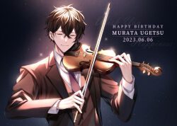Rule 34 | 1boy, black hair, closed eyes, closed mouth, formal, given, happy birthday, highres, holding, holding instrument, holding violin, instrument, male focus, murata ugetsu, music, necktie, pinoli (pinoli66), playing instrument, solo, suit, upper body, violin