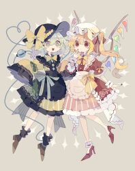 Rule 34 | 2girls, :d, absurdres, apron, black apron, black footwear, black hat, blonde hair, bow, bowtie, commentary, dress, flandre scarlet, floral print, frilled shirt collar, frills, full body, green bow, green eyes, green hair, grey background, hand on own face, hat, hat bow, heart, heart of string, high heels, highres, komeiji koishi, long hair, long sleeves, medium hair, mob cap, multiple girls, nikorashi-ka, one side up, open mouth, puffy short sleeves, puffy sleeves, red dress, red eyes, red footwear, red nails, rose print, short sleeves, sleeves past fingers, sleeves past wrists, smile, symbol-only commentary, third eye, touhou, waist apron, white apron, white hat, wide sleeves, wings, wrist cuffs, yellow bow, yellow bowtie, yellow dress