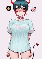 Rule 34 | 1girl, black crowser, black hair, blush, closed mouth, clothes writing, demon horns, demon tail, highres, horns, multicolored hair, original, red hair, red nails, shirt, solo, t-shirt, tail, white shirt, yellow eyes