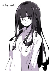 Rule 34 | 1girl, black hair, braid, breasts, dated, glasses, long hair, long sleeves, looking at viewer, medium breasts, naked shirt, navel, open clothes, open shirt, original, parted lips, round eyewear, shirt, simple background, sketch, smile, solo, tabata hisayuki, upper body, white background