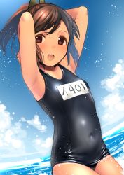 Rule 34 | 1girl, blue one-piece swimsuit, blue sky, brown eyes, brown hair, cloud, covered navel, cowboy shot, day, hair ornament, hairclip, i-401 (kancolle), kantai collection, looking at viewer, name tag, one-piece swimsuit, open mouth, outdoors, ponytail, sailor collar, school swimsuit, shiden (sashimi no wife), shiny clothes, short ponytail, sky, smile, solo, swimsuit