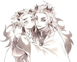 Rule 34 | 2boys, brothers, child, closed mouth, face-to-face, forked eyebrows, haori, happy, hug, japanese clothes, kimetsu no yaiba, long sleeves, looking at another, looking at viewer, male focus, medium hair, multicolored hair, multiple boys, ponytail, rengoku kyoujurou, rengoku senjurou, siblings, sidelocks, simple background, smile, sugahara ryuu, uniform, upper body, white background