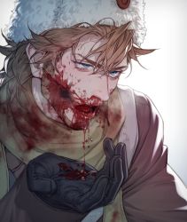Rule 34 | 1boy, anderain, beard, black gloves, blood, blood from mouth, blood on clothes, blood on face, blood on hands, blood splatter, blue eyes, brown coat, brown hair, coat, commentary request, facial hair, gloves, golden kamuy, gunshot wound, guro, hair between eyes, hat, highres, holding, injury, long sleeves, looking away, male focus, mouth hold, nosebleed, open mouth, russian clothes, scarf, short hair, simple background, solo, sweatdrop, tears, teeth, teeth hold, translation request, upper body, vasily (golden kamuy), veins, white background, white hat, yellow scarf