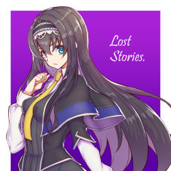 Rule 34 | 1girl, black capelet, black hair, black hairband, black jacket, border, breasts, capelet, clenched hand, code geass, code geass: lost stories, collared shirt, dslv, from side, hair intakes, hairband, jacket, long hair, looking at viewer, maya disel, medium breasts, necktie, parted lips, purple background, shirt, solo, upper body, very long hair, white border, white shirt, yellow necktie