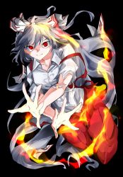 Rule 34 | 1girl, black background, bow, buttons, closed mouth, collared shirt, commentary request, fire, fujiwara no mokou, full body, hair bow, highres, long hair, looking at viewer, non porn, pants, red eyes, red pants, shirt, simple background, smile, solo, suspenders, touhou, very long hair, vivo (vivo sun 0222), white bow, white hair, white shirt