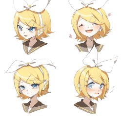 Rule 34 | 1girl, @ @, ^^^, ^ ^, angry, blonde hair, blue eyes, blush, bow, closed eyes, embarrassed, eob, expression chart, frown, hair bow, hair ornament, hairclip, happy, headphones, headset, highres, kagamine rin, looking to the side, nervous, open mouth, sad, sailor collar, short hair, smile, surprised, swept bangs, tearing up, tears, v-shaped eyebrows, vocaloid, wavy mouth