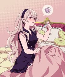 Rule 34 | bed, bed sheet, black dress, black hairband, blush, corrin (female) (fire emblem), corrin (fire emblem), digital thermometer, dress, fire emblem, fire emblem fates, grey hair, hair between eyes, hairband, hiyori (rindou66), holding, long hair, nintendo, open mouth, pillow, pointy ears, red eyes, sitting, slit pupils, solo, thermometer, twitter username, very long hair, white hair