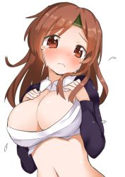 Rule 34 | 10s, 1girl, bad id, bad pixiv id, blush, breasts, brown eyes, brown hair, chiyoda (kancolle), cleavage, full-face blush, headband, kantai collection, large breasts, long hair, looking at viewer, muku (muku-coffee), navel, personification, shiny skin, simple background, solo, tears, torn clothes, white background