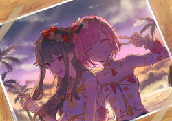 Rule 34 | 2girls, bare shoulders, bent v, blush, bracelet, choker, closed eyes, commentary, detached sleeves, facing viewer, food-themed hair ornament, food print, frilled sleeves, frills, green hair, grin, hair ornament, highres, jewelry, kusanagi nene, long hair, long sleeves, looking at viewer, low-tied sidelocks, multiple girls, necklace, ootori emu, palm tree, photo (object), pink hair, project sekai, prsk112277, purple eyes, shirt, smile, summer, tassel, tree, upper body, v, very long hair, watermelon hair ornament, watermelon print, white shirt, zettai zetsumei!? island panic! (project sekai)