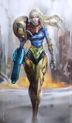 Rule 34 | 1girl, arm cannon, armor, blonde hair, broken armor, dirty, full body, longai, looking at viewer, metroid, realistic, samus aran, solo, standing, torn clothes, varia suit, weapon, zero suit