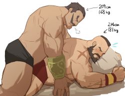Rule 34 | 2boys, bara, beard, black male underwear, blush, breath, briefs, brown hair, bulge, bulge to ass, dark-skinned male, dark skin, darun mister, dry humping, facial hair, frottage, height, height difference, highres, humping, lying, male focus, male underwear, mature male, mohawk, multiple boys, muscular, muscular male, mustache, on person, on stomach, pillow, ryker, scar, scar on arm, sexually suggestive, short hair, sideburns, stomach, street fighter, street fighter ex (series), thick thighs, thighs, underwear, underwear only, wrestling outfit, yaoi, zangief