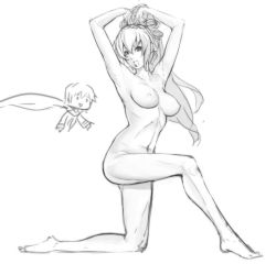 Rule 34 | 1boy, 1girl, armpits, arms up, barefoot, breasts, chibi, chibi inset, eu03, greyscale, kaito (vocaloid), kneeling, long hair, medium breasts, megurine luka, monochrome, navel, nipples, nude, sketch, vocaloid